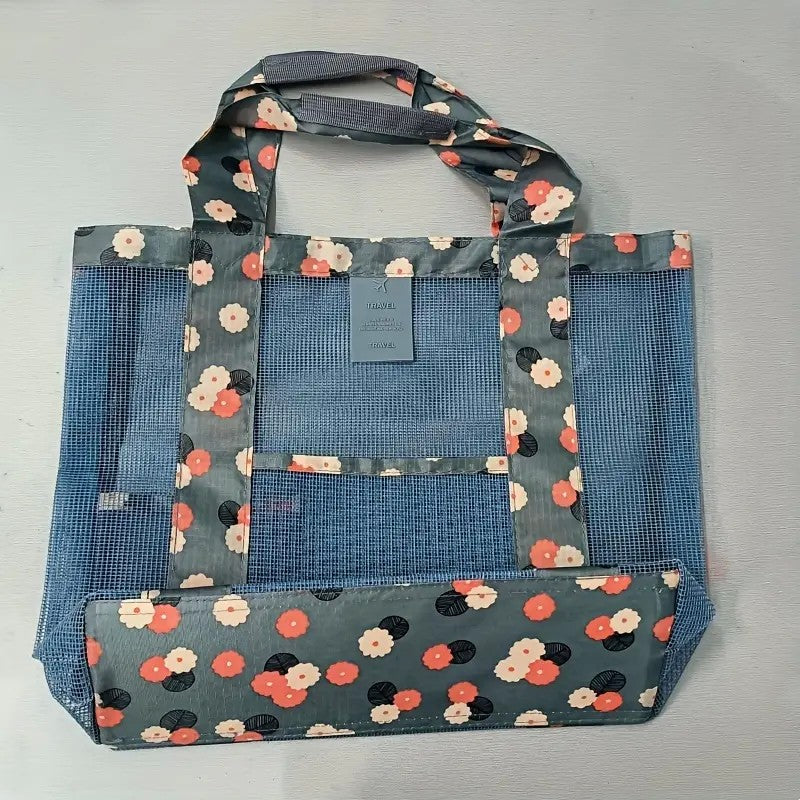 Geanta de Plaja, Kaveny, din Plasa Transparenta, Imprimeu Floral, 43 x 10 x 33 cm, Model pentru Umar, Lungime Inferioara 33 cm, Albastru