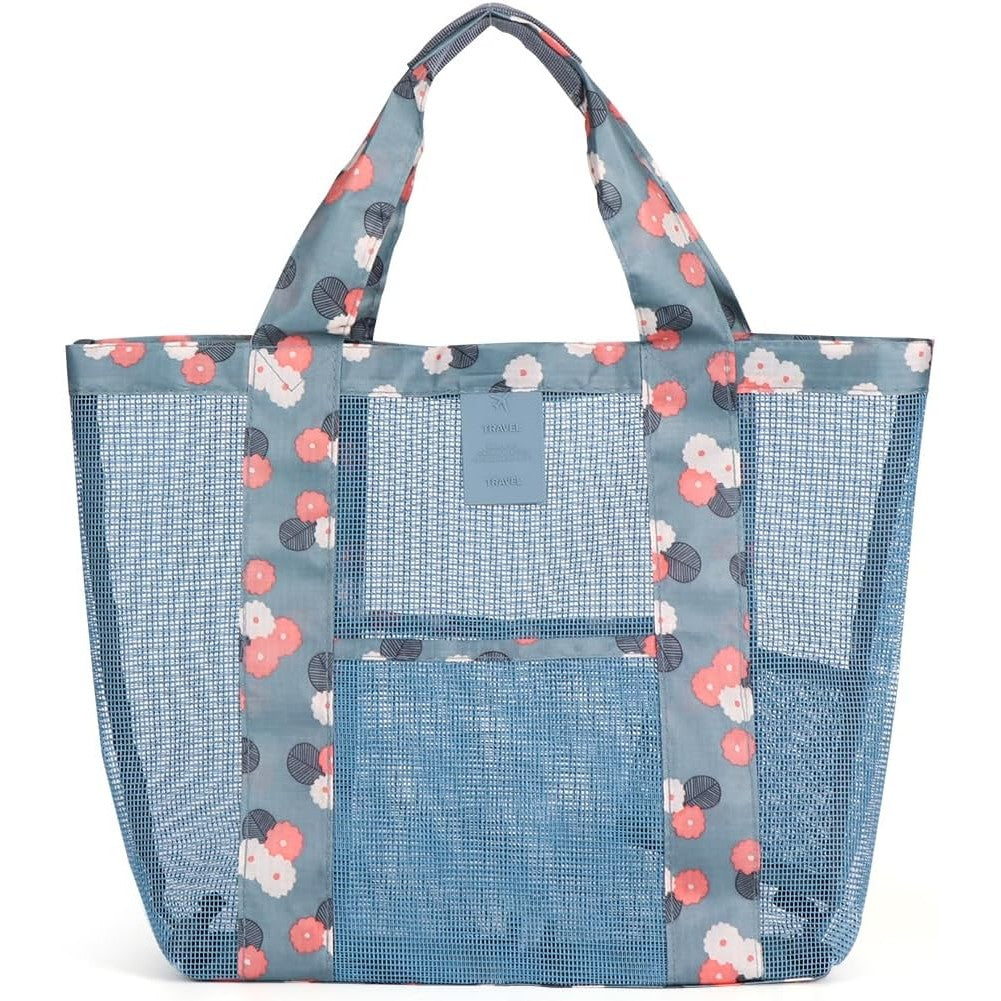 Geanta de Plaja, Kaveny, din Plasa Transparenta, Imprimeu Floral, 43 x 10 x 33 cm, Model pentru Umar, Lungime Inferioara 33 cm, Albastru