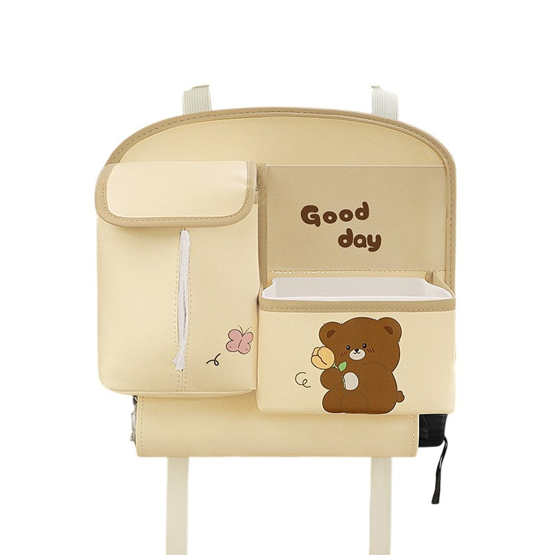 Geanta Multifunctionala de Depozitare, Kadeny, pentru Bancheta din Spate a Masinii, Animat, Model Ursuleti, Scris Good Day, Suport Servetele si Telefon, 25x31 cm, Bej