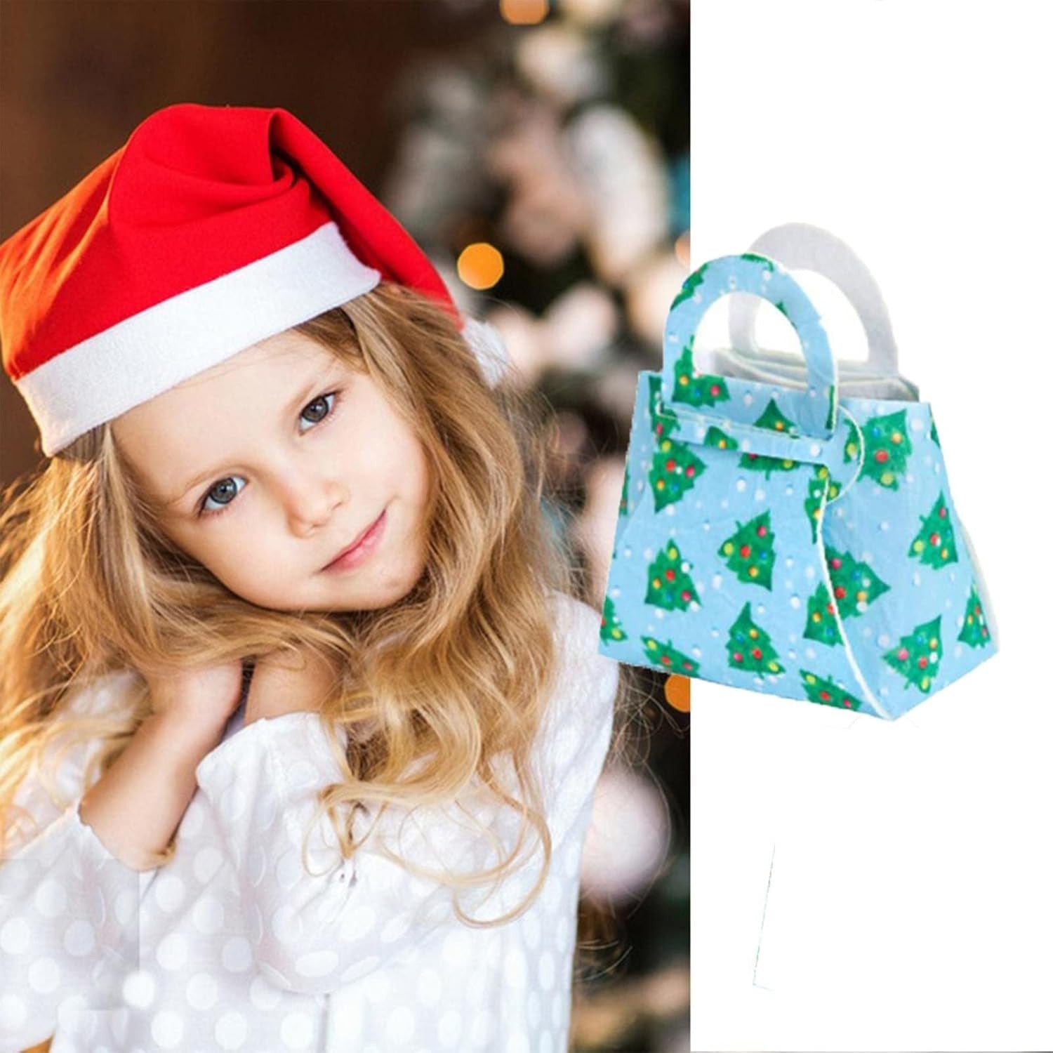 Geanta pentru Copii, Kadeny, Pliabila, pentru Cadouri de Craciun, din Panza Netesuta, Braduti, 13 x 12 x 6 cm, Verde