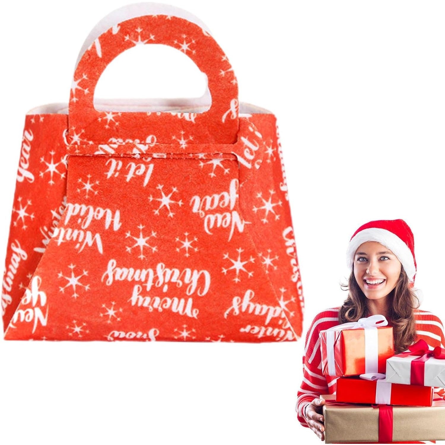 Geanta pentru Copii, Kadeny, Pliabila, pentru Cadouri de Craciun, din Panza Netesuta, Merry Christmas, 13 x 12 x 6 cm, Rosu