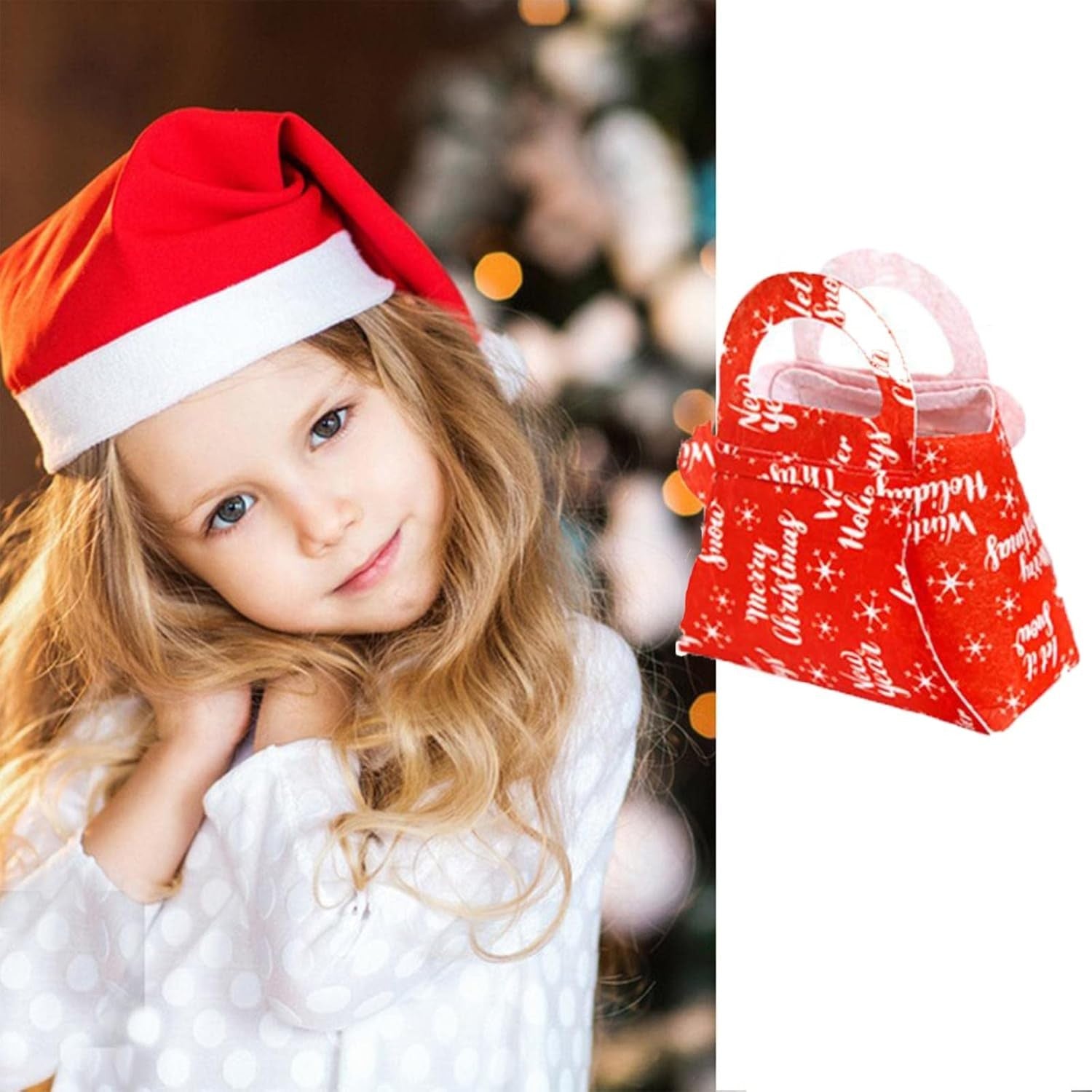 Geanta pentru Copii, Kadeny, Pliabila, pentru Cadouri de Craciun, din Panza Netesuta, Merry Christmas, 13 x 12 x 6 cm, Rosu