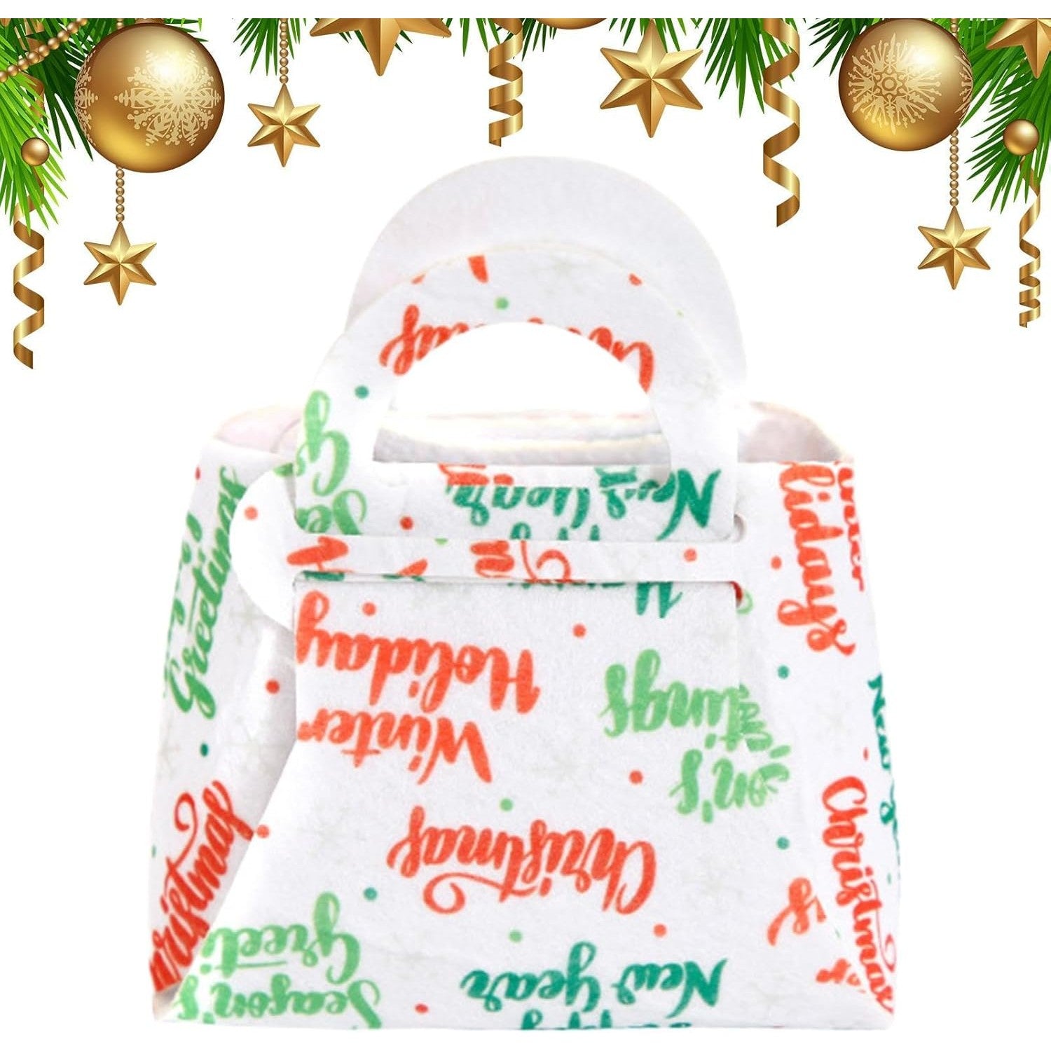 Geanta pentru Copii, Kadeny, Pliabila, pentru Cadouri de Craciun, din Panza Netesuta, Mesaje de Craciun, 13 x 12 x 6 cm, Alb