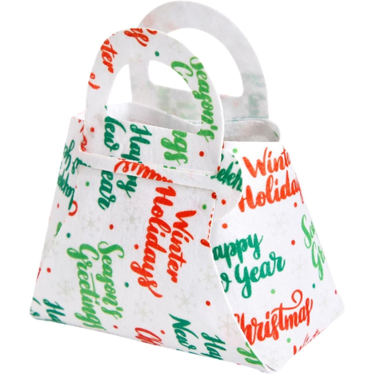 Geanta pentru Copii, Kadeny, Pliabila, pentru Cadouri de Craciun, din Panza Netesuta, Mesaje de Craciun, 13 x 12 x 6 cm, Alb