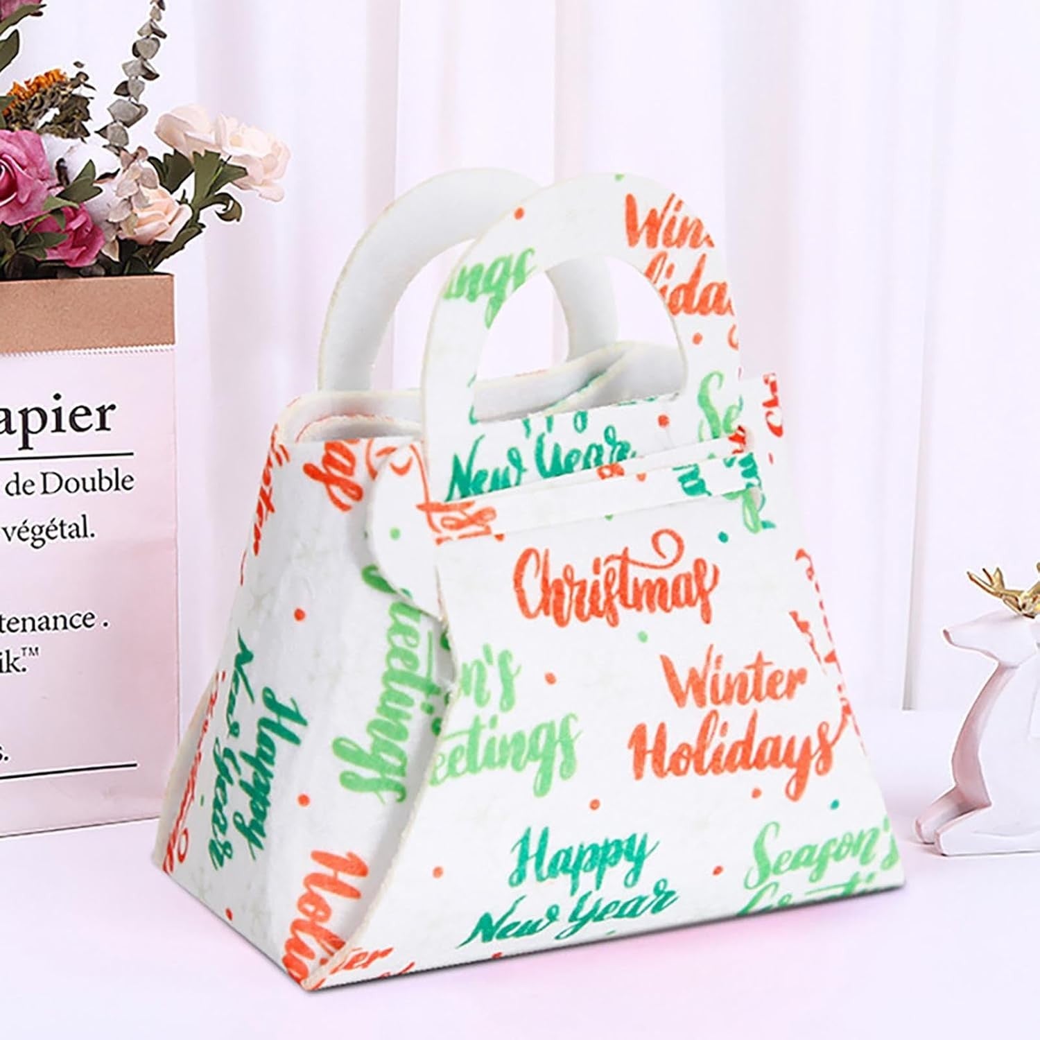 Geanta pentru Copii, Kadeny, Pliabila, pentru Cadouri de Craciun, din Panza Netesuta, Mesaje de Craciun, 13 x 12 x 6 cm, Alb