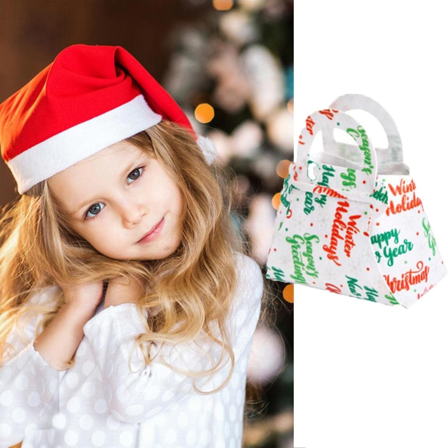 Geanta pentru Copii, Kadeny, Pliabila, pentru Cadouri de Craciun, din Panza Netesuta, Mesaje de Craciun, 13 x 12 x 6 cm, Alb