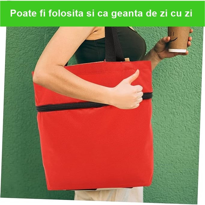 Geanta Pliabila, Kaveny, 2 in 1, Carucior cu Roti, pentru Cumparaturi, 19 l, Rosu, Plastic, 39 x 46 x 12 cm