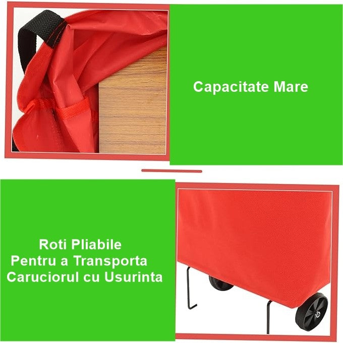 Geanta Pliabila, Kaveny, 2 in 1, Carucior cu Roti, pentru Cumparaturi, 19 l, Rosu, Plastic, 39 x 46 x 12 cm
