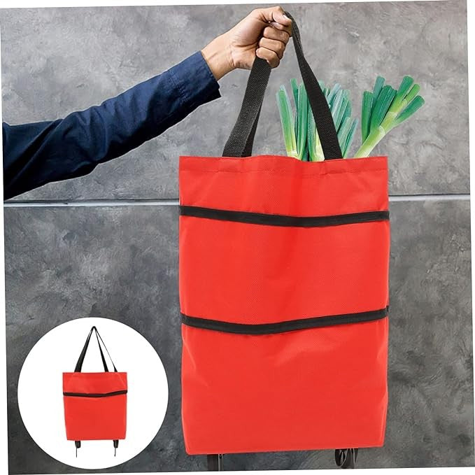 Geanta Pliabila, Kaveny, 2 in 1, Carucior cu Roti, pentru Cumparaturi, 19 l, Rosu, Plastic, 39 x 46 x 12 cm