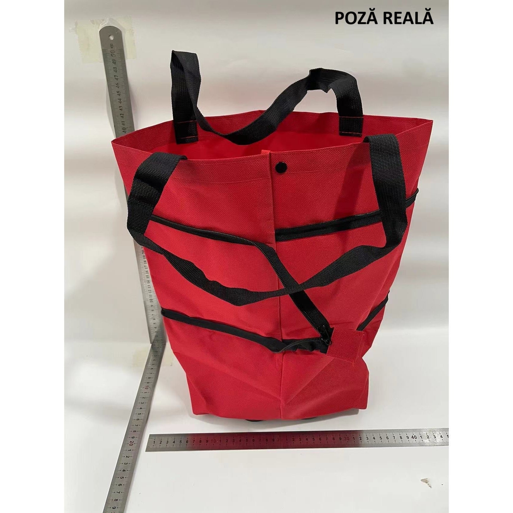 Geanta Pliabila, Kaveny, 2 in 1, Carucior cu Roti, pentru Cumparaturi, 19 l, Rosu, Plastic, 39 x 46 x 12 cm