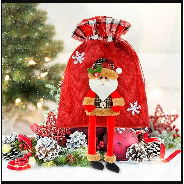 Sac cadouri Kadeny, tematica Mos Craciun, Material Textil, 30x25 cm, cu Siret, Rosu