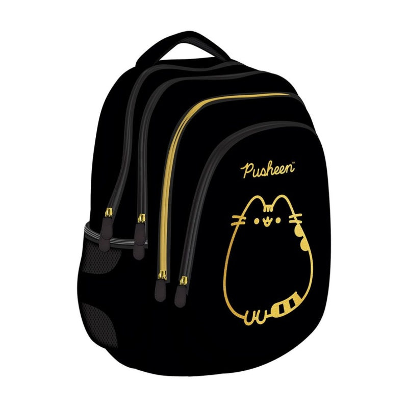 Ghiozdan St.Majewski Pusheen, 42cm, 4 compartimente, negru cu auriu