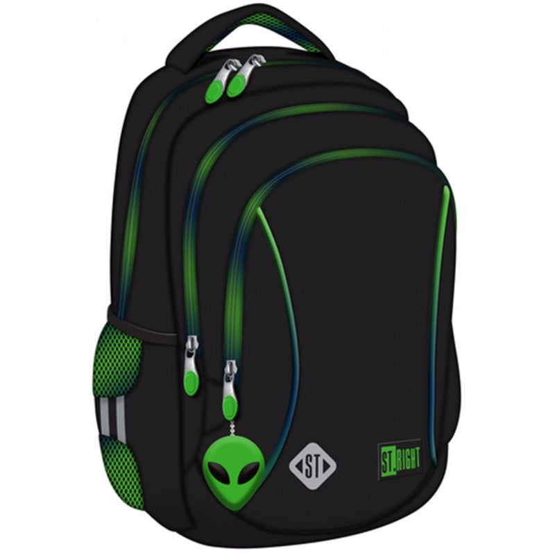 Ghiozdan St.Majewski St.Right Green Power - Alien, 39cm, 3 compartimente, negru cu verde