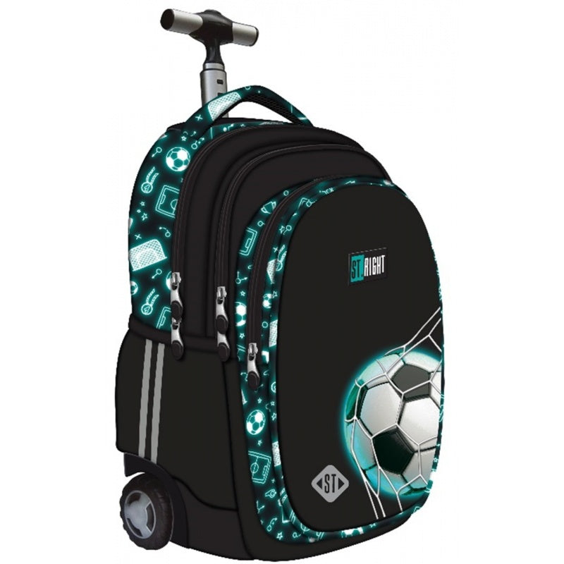Ghiozdan St.Majewski St.Right Neon - Football, 44cm, 4 compartimente, tip troller, roti silicon, negru