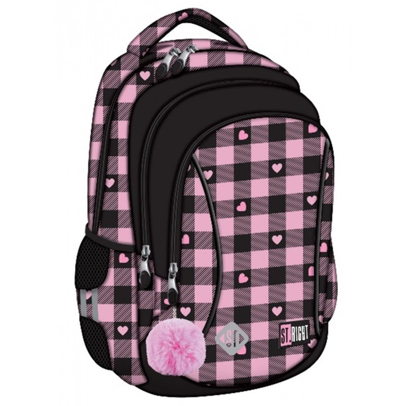 Ghiozdan St.Majewski St.Right Pink Checkered, 39cm, 3 compartimente, negru cu roz