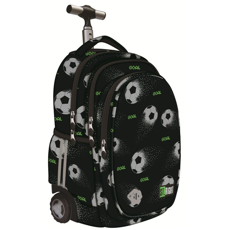 Ghiozdan St.Majewski St.Right Pixel Balls, 44cm, 4 compartimente, tip troller, roti silicon, negru