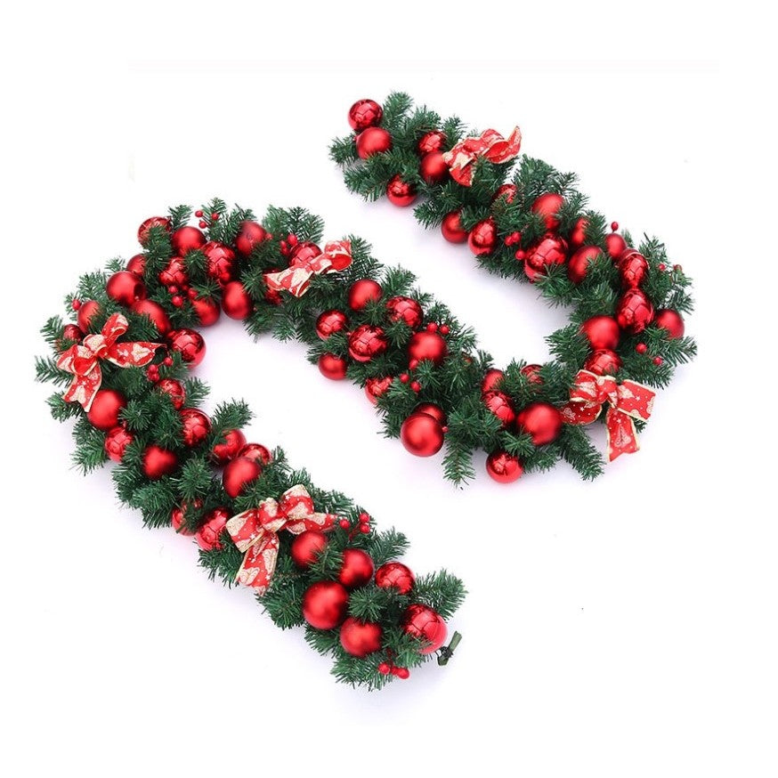 Ghirlanda decorativa Craciun cu Globuri rosii si funde rosii cu argintiu, Kadeny, 2,70 m, Verde