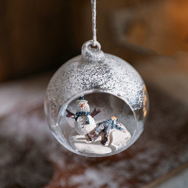 Glob pentru Bradul de Craciun, Kadeny, Model Om de Zapada si Omulet, Tip Pandativ, Glob Transparent Semi-Deschis, 10.5 x 9 x 9 cm, Transparent