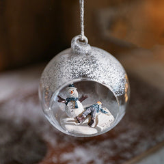 Glob pentru Bradul de Craciun, Kadeny, Model Om de Zapada si Omulet, Tip Pandativ, Glob Transparent Semi-Deschis, 10.5 x 9 x 9 cm, Transparent