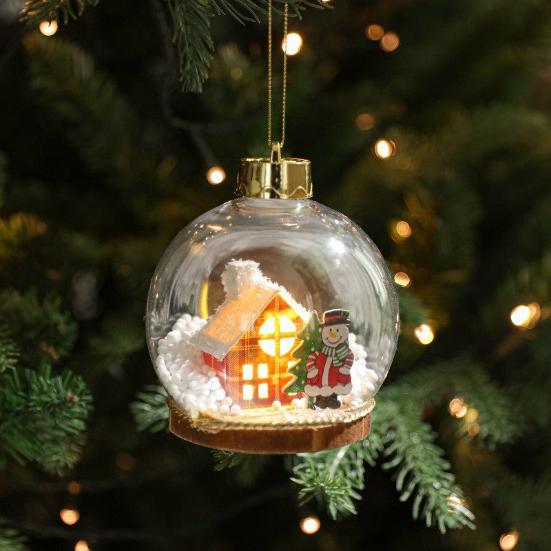 Glob pentru Bradul de Craciun LED, Kadeny, Model C, Glob Transparent cu Figurina Casa si Om de Zapada iluminat LED, Diametrul 10 cm, Baza Solida, Transparent