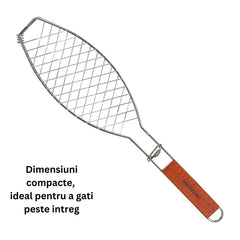 Gratar Grill Inox pentru Peste, Kadeny, cu Maner, de Dimensiuni Reduse, Usor de Transportat si Depozitat, Argintiu, 56x12 cm