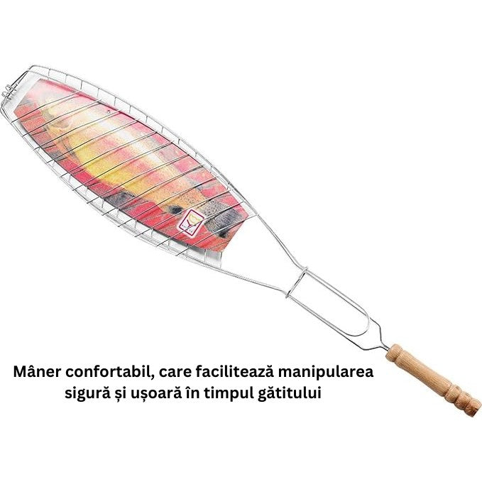 Gratar Grill Inox pentru Peste, Kadeny, cu Maner, de Dimensiuni Reduse, Usor de Transportat si Depozitat, Argintiu, 56x12 cm