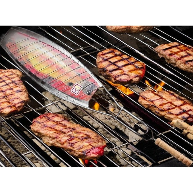Gratar Grill Inox pentru Peste, Kadeny, cu Maner, de Dimensiuni Reduse, Usor de Transportat si Depozitat, Argintiu, 56x12 cm