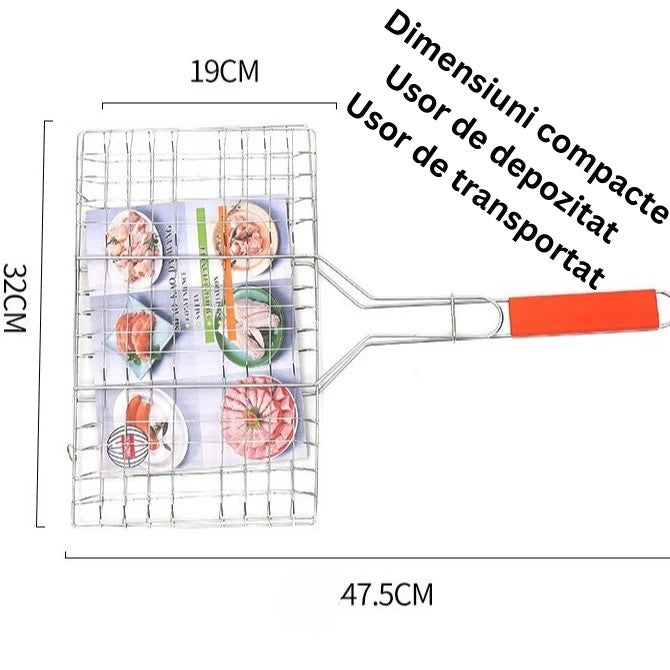 Gratar pentru Peste si Carne, Kadeny, Suprafata Utila 32x19 cm, Otel Inoxidabil, cu Maner, Portabil, Argintiu