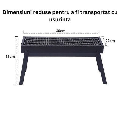 Gratar Portabil, Kadeny, Confectionat din Metal, pentru Picnic, Gradina, Terasa, Camping, Dimensiuni Reduse, 60x22x23 cm, Negru