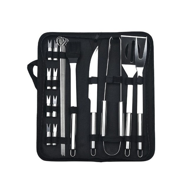 Set 18 Ustensile pentru Gratar, Kadeny, din Otel Inoxidabil, Geanta Oxford, Argintiu