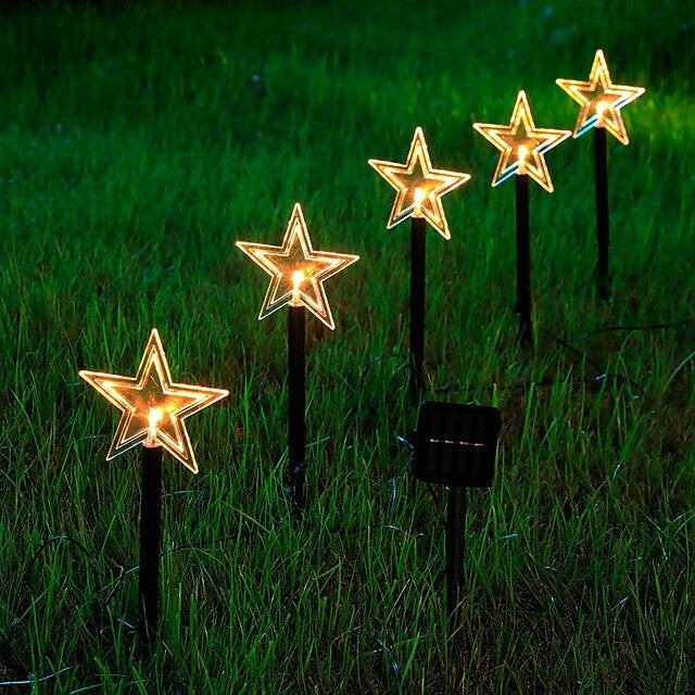 Set 5 Lampi solare LED de exterior Model Stea, pentru gradina, Kaveny, 35.5 cm, Alb Cald