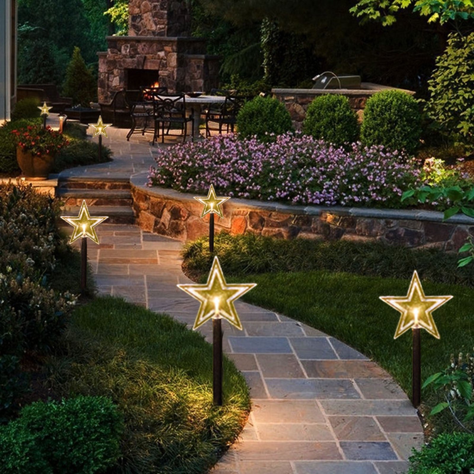 Set 5 Lampi solare LED de exterior Model Stea, pentru gradina, Kaveny, 35.5 cm, Alb Cald