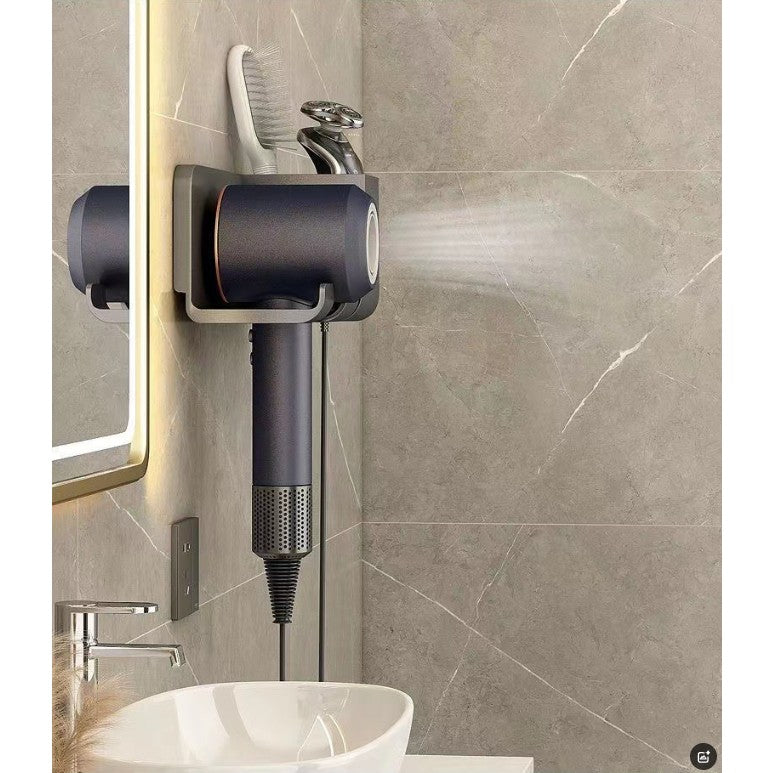 Suport de Baie, Kadeny, pentru Uscator de Par, cu Organizator Dublu, din Plastic, Aplicare cu Suport Adeziv, 23 x 8.8 x 9.5 cm, Negru