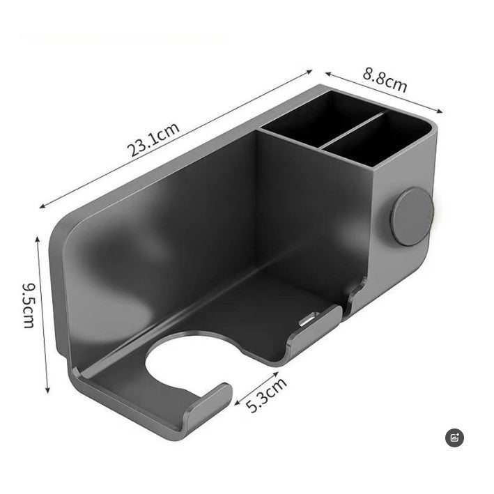 Suport de Baie, Kadeny, pentru Uscator de Par, cu Organizator Dublu, din Plastic, Aplicare cu Suport Adeziv, 23 x 8.8 x 9.5 cm, Gri