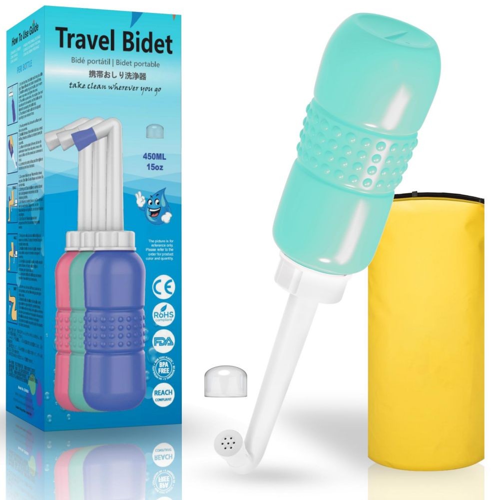 Bideu Portabil pentru Igiena Intima, Kadeny, pentru Postpartum/ Postoperator, 450 mL, cu Capac si Husa Galbena, 29.5x7 cm, Culoare Recipient Verde