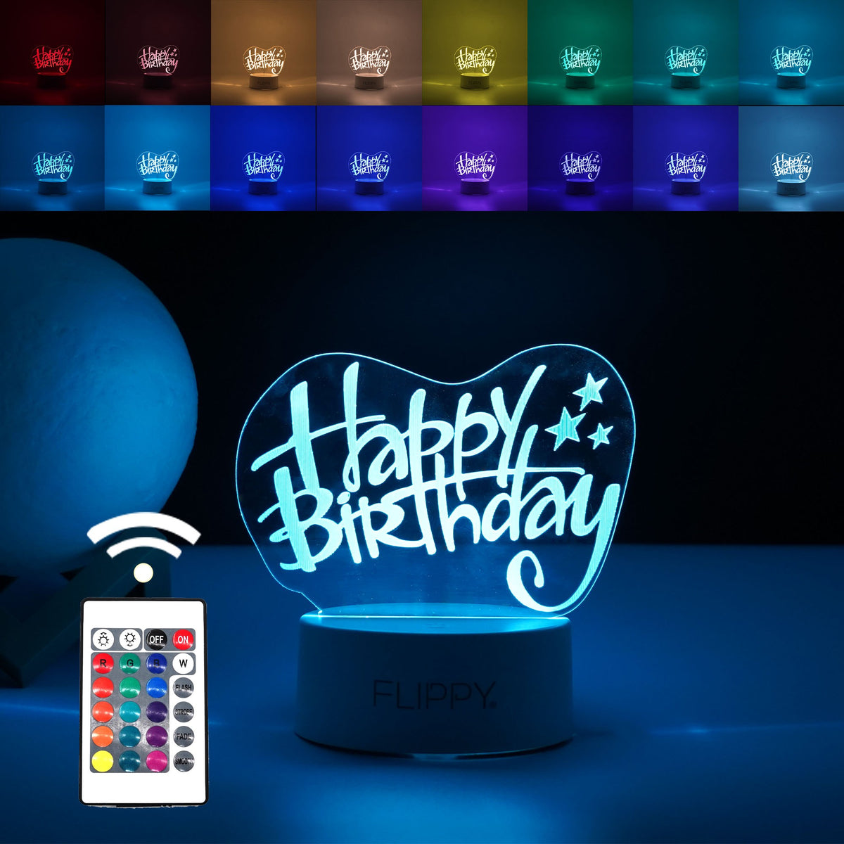 Lampa LED decorativa, Kaveny, 3D, Happy Birthday, cu USB si baterii, 20 cm inaltime, din material acril, lumina multicolora si telecomanda inclusa, alb