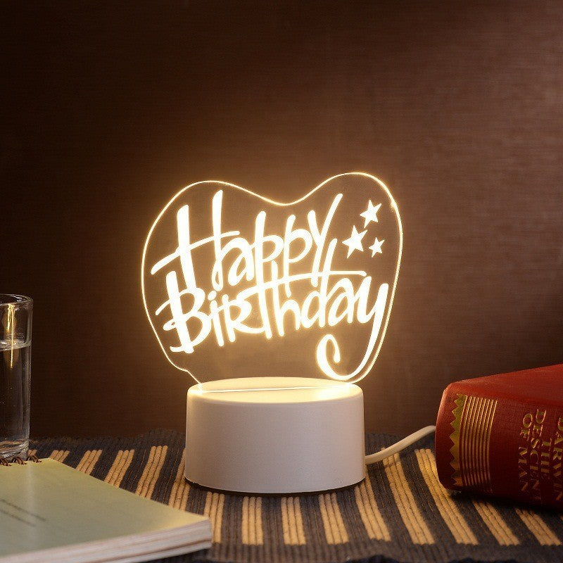 Lampa LED decorativa, Kaveny, 3D, Happy Birthday, cu USB si baterii, 20 cm inaltime, din material acril, lumina multicolora si telecomanda inclusa, alb
