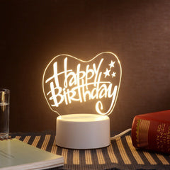 Lampa LED decorativa, Kaveny, 3D, Happy Birthday, cu USB si baterii, 20 cm inaltime, din material acril, lumina multicolora si telecomanda inclusa, alb