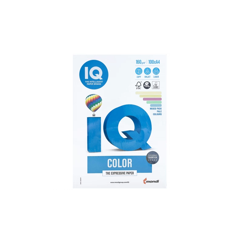 Carton colorat A4 IQ 133767, 160g/mp, mix culori pale, top 100 coli (5 culori x 20 coli)