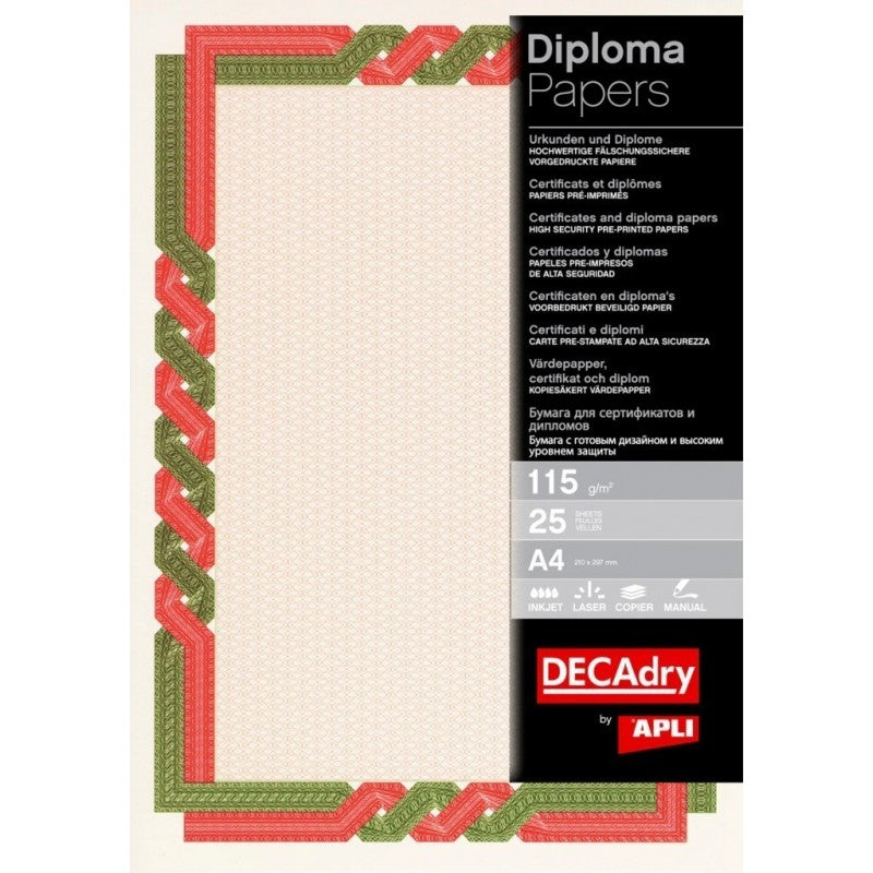 Hartie tip diploma A4 DECAdry Spiral OSD4057, 115g/mp, rosu / verde, set 25 coli