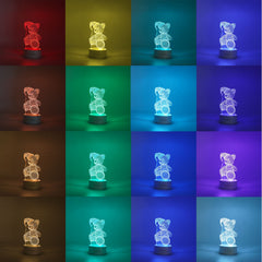 Lampa LED decorativa, Kaveny, 3D, Urs cu palarie, cu telecomanda, doua moduri de alimentare USB si baterii, 20 cm inaltime, din material acril si lumina multicolora, alb