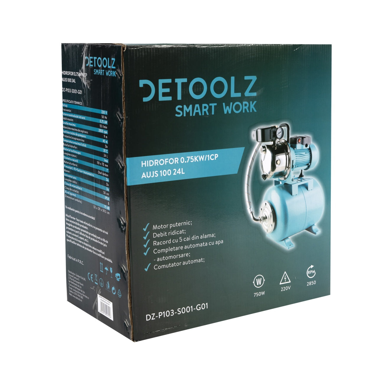 Hidrofor Detoolz 0.75 kW, debit 3300l/h, inaltime de pompare 45m, carcasa pompa inox, volum butelie 24 litri