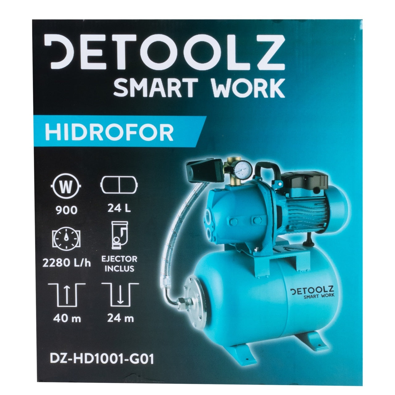 Hidrofor Detoolz 0.9 kW, debit maxim 2280l/h, inaltime maxima de pompare 40m, corp pompa fonta, butelie 24L, ejector