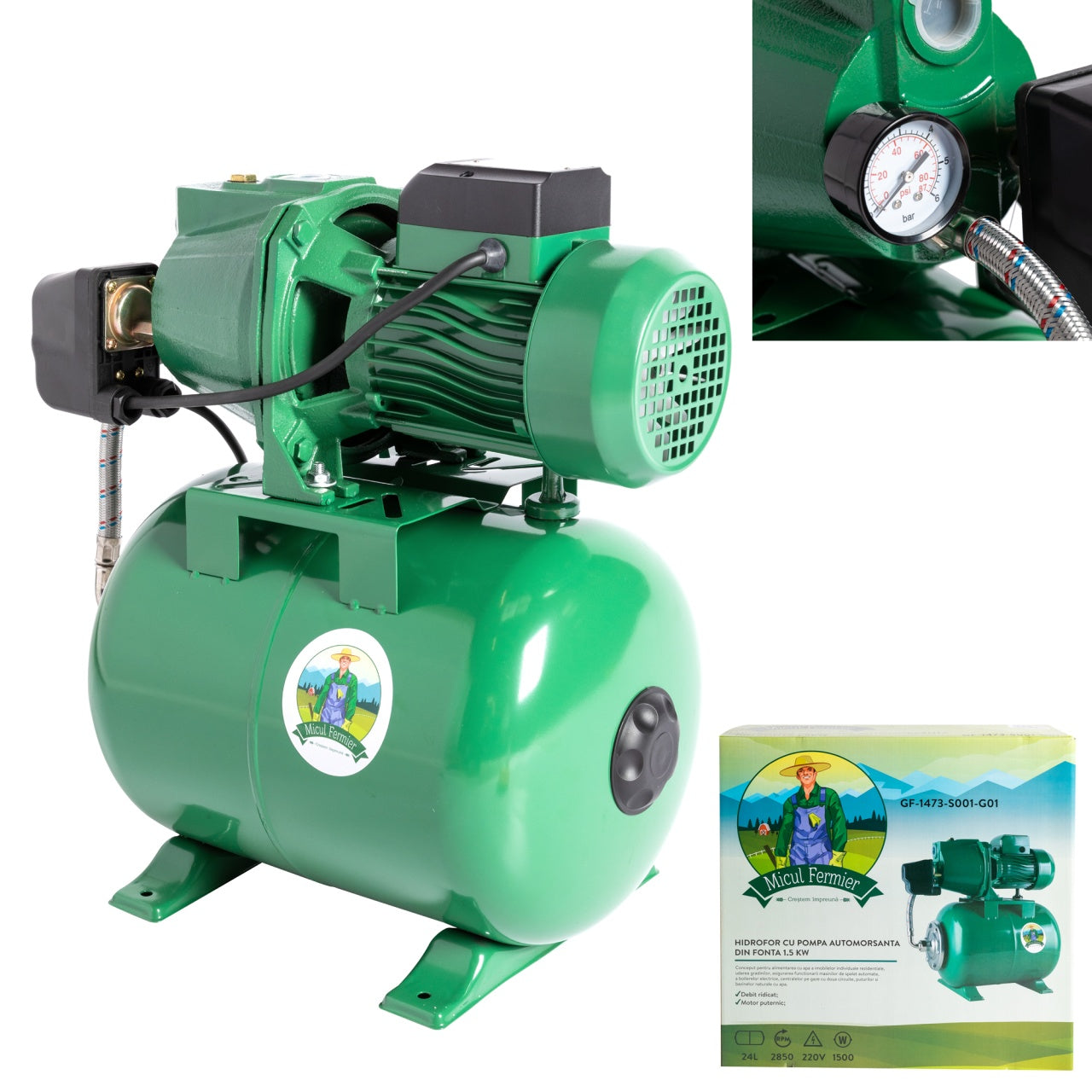 Hidrofor Micul Fermier 1.5 kW, debit maxim 3000l/h, inaltime maxima de pompare 53m, corp pompa fonta, capacitate vas expansiune 24 litri