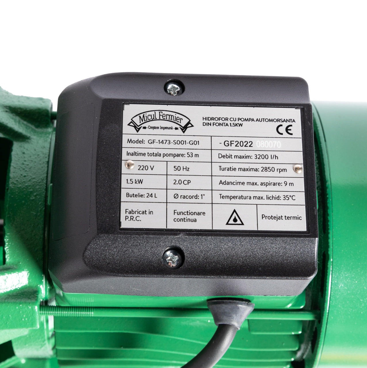 Hidrofor Micul Fermier 1.5 kW, debit maxim 3000l/h, inaltime maxima de pompare 53m, corp pompa fonta, capacitate vas expansiune 24 litri