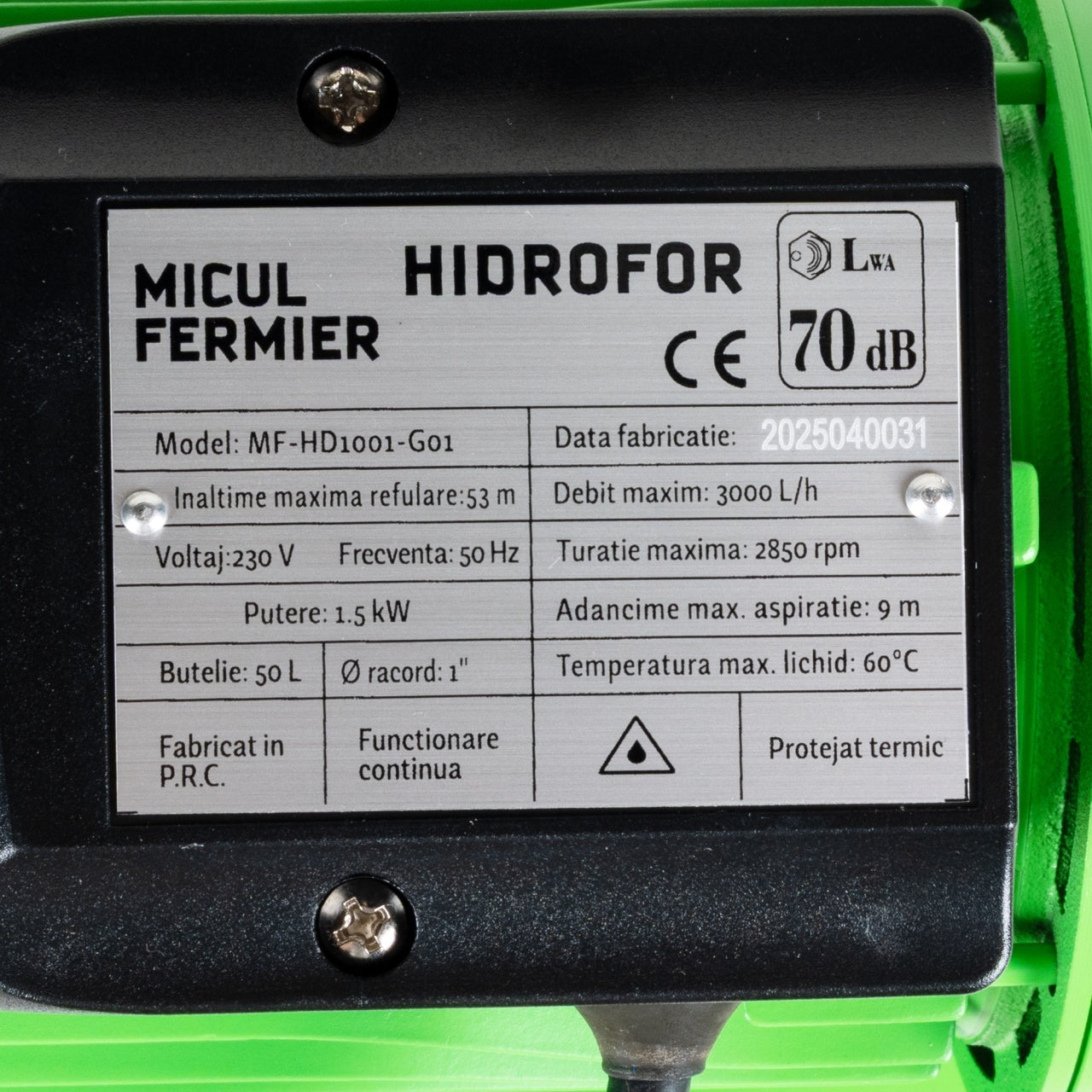 Hidrofor Micul Fermier 1.5 kW, debit maxim 3000l/h, inaltime maxima de pompare 53m, corp pompa fonta, butelie 50L