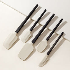 Set 5 Ustensile de Bucatarie, Kadeny, din Silicon si Lemn, Spatule de Diferite Dimensiuni, Termorezistente, Antiaderente, Alb-Negru