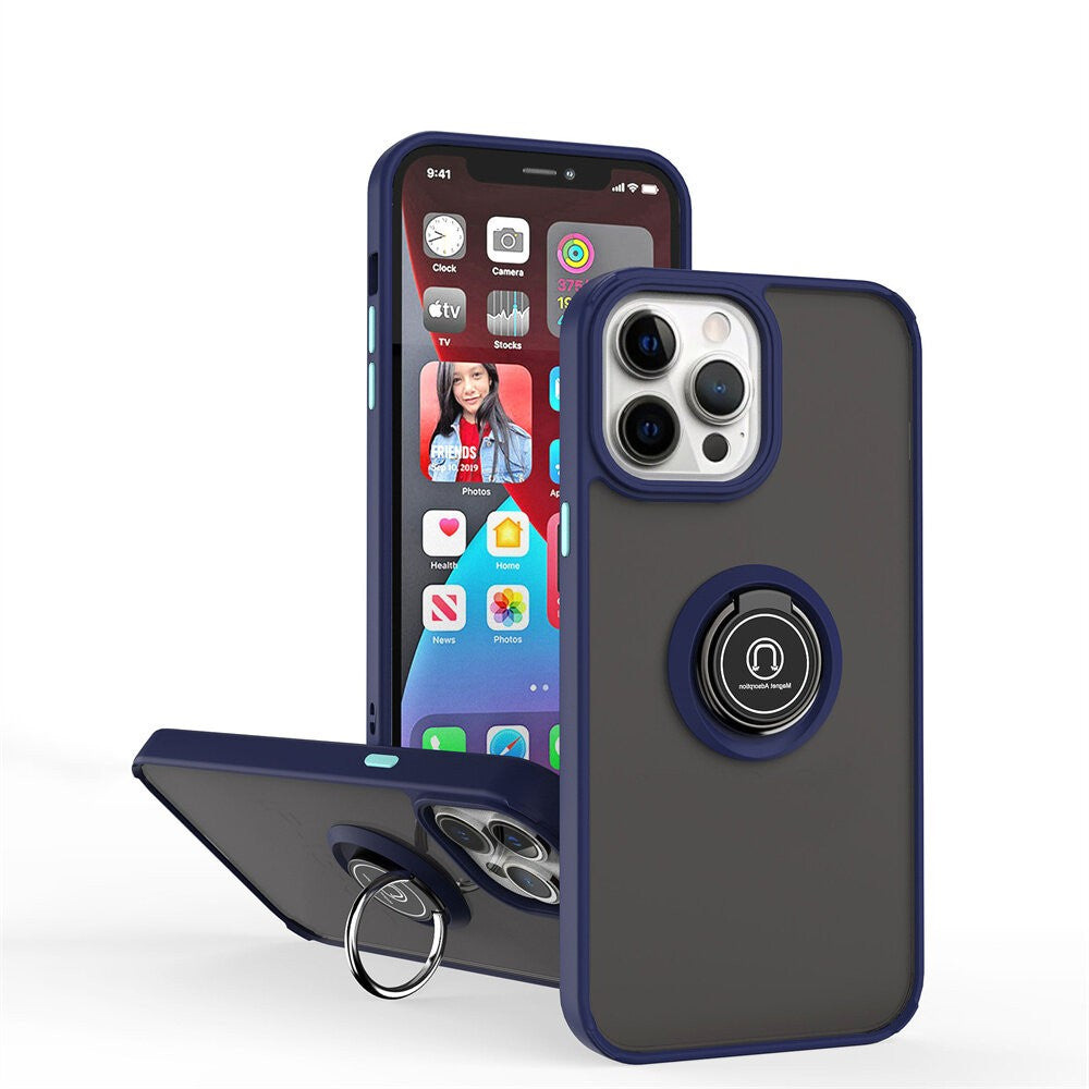 Husa Anti Fall Metal Bracket pentru Apple iPhone 14 Pro Max, Rezistenta la socuri, Margini colorate, Cu inel de prindere magnetic, Kaveny, Albastru
