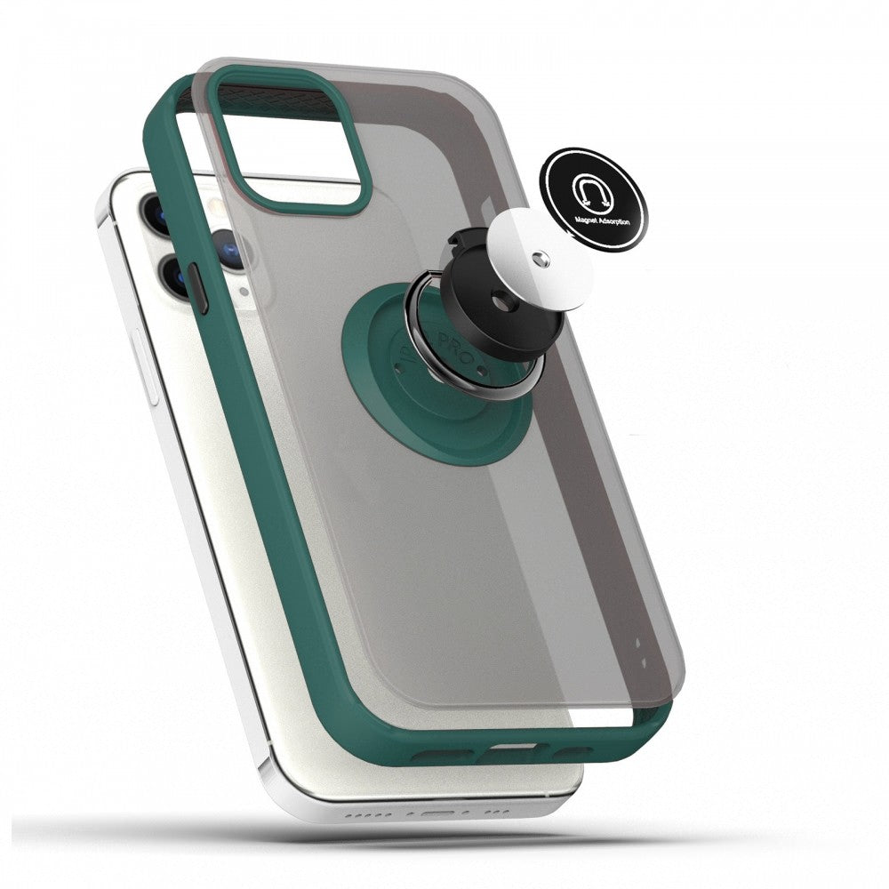 Husa Anti Fall Metal Bracket pentru Apple iPhone 14 Pro, Rezistenta la socuri, Margini colorate, Cu inel de prindere magnetic, Kaveny, Verde