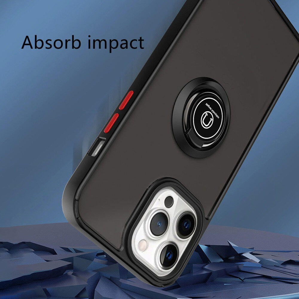 Husa Anti Fall Metal Bracket pentru Apple iPhone 14, Rezistenta la socuri, Margini colorate, Cu inel de prindere magnetic, Kaveny, Negru
